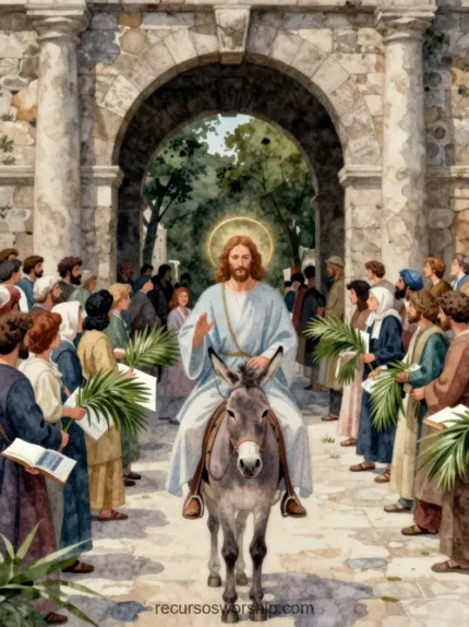 Jesús con halo dorado montado sobre burro entrando bajo arco de piedra rodeado por multitud con ramas de palma