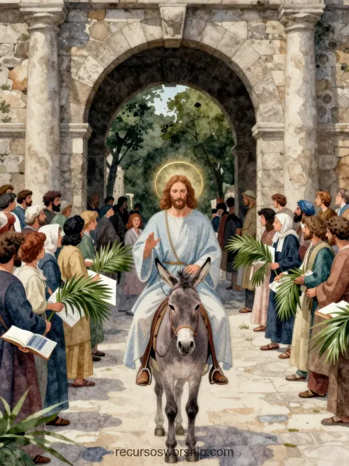 Ilustración Acuarela del Domingo de Ramos Jesús con halo dorado montado sobre burro entrando bajo arco de piedra rodeado por multitud con ramas de palma
