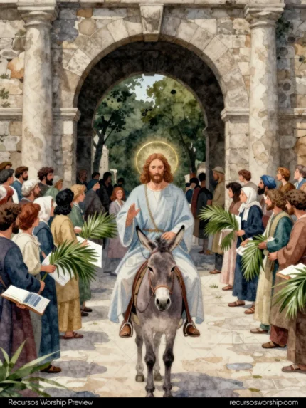 Jesús con halo dorado montado sobre burro entrando bajo arco de piedra rodeado por multitud con ramas de palma