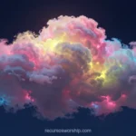 Nube tridimensional estilizada volumen capas colores pastel rosa amarillo cian verde destellos luz neon bordes iluminados fondo azul marino horizontal onírico vibrante textura digital etérea