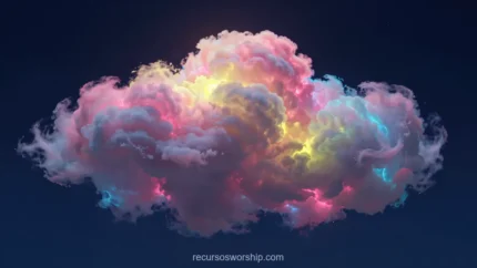 Nube tridimensional estilizada volumen capas colores pastel rosa amarillo cian verde destellos luz neon bordes iluminados fondo azul marino horizontal onírico vibrante textura digital etérea