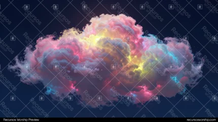 Nube tridimensional estilizada volumen capas colores pastel rosa amarillo cian verde destellos luz neon bordes iluminados fondo azul marino horizontal onírico vibrante textura digital etérea