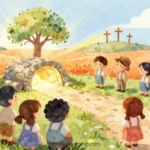 Ilustracion acuarela horizontal ninos espaldas tumba piedra abierta luminosa arbol florecido tres cruces colina campo flores rojas naranjas plano general infantil pascua contemplativa