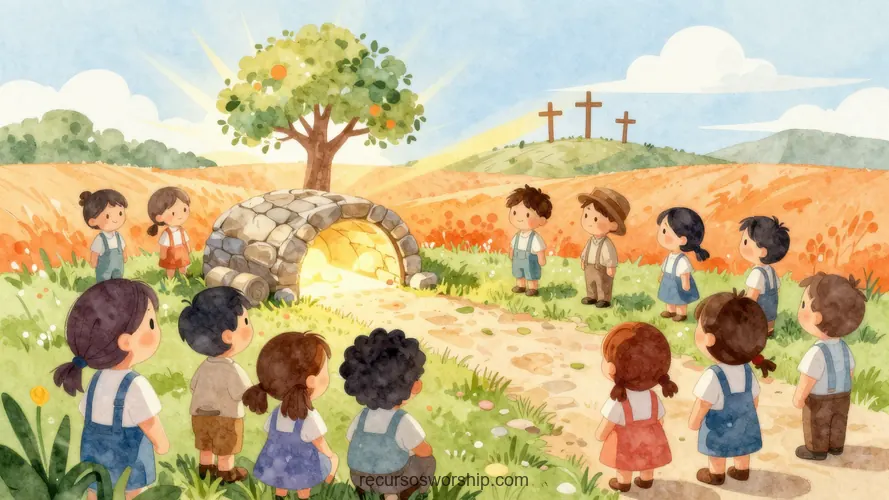 Acuarela Niños Espaldas Tumba Abierta Luminosa Árbol Tres Cruces Campo Flores Naranjas Pascua Ilustracion acuarela horizontal ninos espaldas tumba piedra abierta luminosa arbol florecido tres cruces colina campo flores rojas naranjas plano general infantil pascua contemplativa