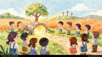 Ilustracion acuarela horizontal ninos espaldas tumba piedra abierta luminosa arbol florecido tres cruces colina campo flores rojas naranjas plano general infantil pascua contemplativa