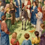 Ilustracion acuarela vertical estilo libro biblico clasico jesus montado burro multitud palmas entrada triunfal jerusalen vegetacion verde plano general festivo
