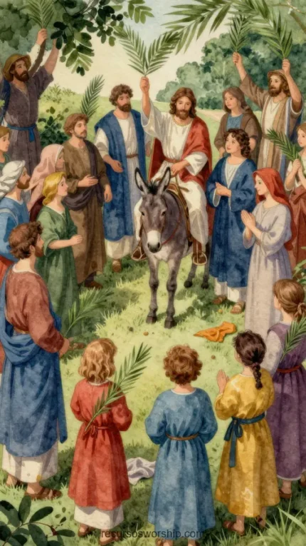 Ilustracion acuarela vertical estilo libro biblico clasico jesus montado burro multitud palmas entrada triunfal jerusalen vegetacion verde plano general festivo