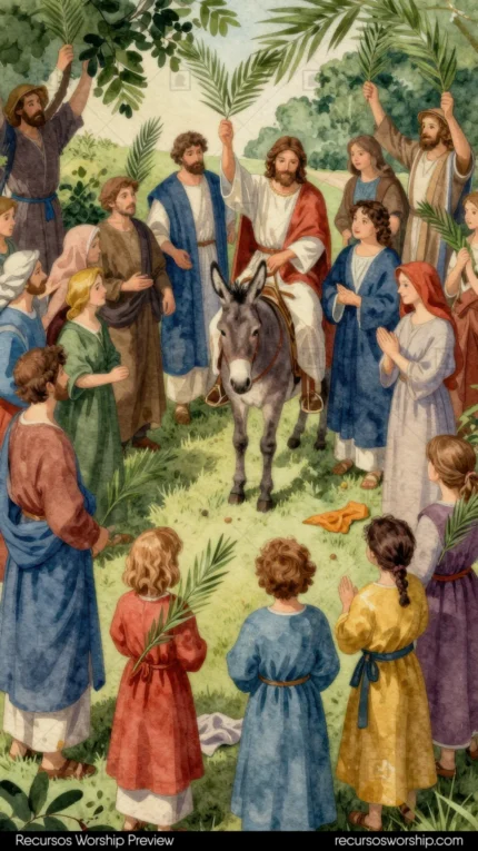 Ilustracion acuarela vertical estilo libro biblico clasico jesus montado burro multitud palmas entrada triunfal jerusalen vegetacion verde plano general festivo