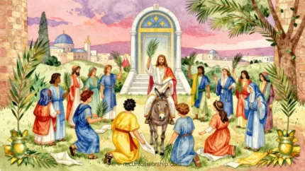 Ilustracion acuarela horizontal panoramica jesus burro tunica blanca manto rojo palma multitud ramos arco templo cupula azul cielo rosado malva atardecer solemne domingo ramos