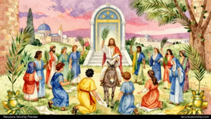 Ilustracion acuarela horizontal panoramica jesus burro tunica blanca manto rojo palma multitud ramos arco templo cupula azul cielo rosado malva atardecer solemne domingo ramos