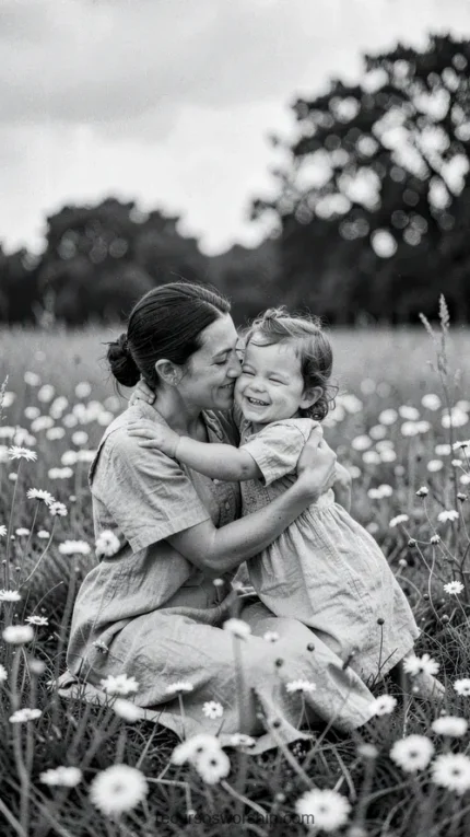 Fotografía blanco negro estilo película madre sentada campo margaritas besando mejilla hija pequeña riendo alegría exterior árboles cielo nublado vertical bucólico