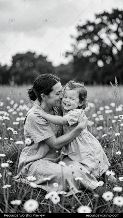 Fotografía blanco negro estilo película madre sentada campo margaritas besando mejilla hija pequeña riendo alegría exterior árboles cielo nublado vertical bucólico