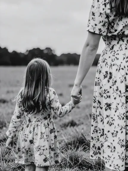 Madre hija pequeña espaldas tomadas mano caminando campo abierto vestidos florales arboles cielo nublado blanco negro documental vertical plano general bucólico