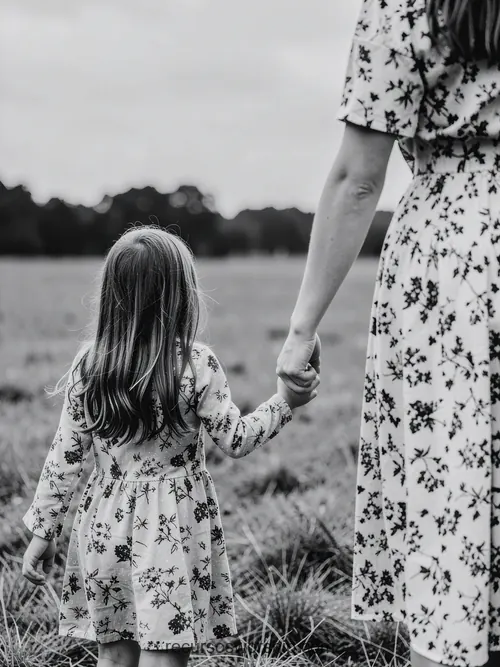 Madre e Hija de Espaldas Tomadas de la Mano en Campo Abierto Blanco y Negro Documental Madre hija pequeña espaldas tomadas mano caminando campo abierto vestidos florales arboles cielo nublado blanco negro documental vertical plano general bucólico
