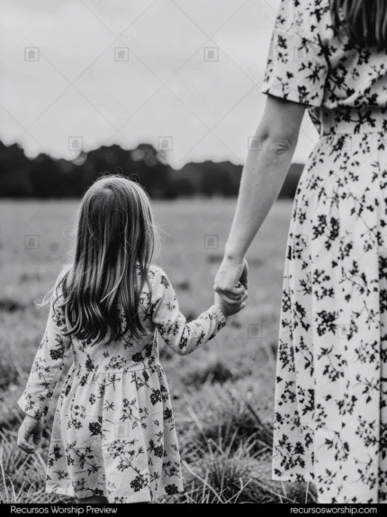 Madre hija pequeña espaldas tomadas mano caminando campo abierto vestidos florales arboles cielo nublado blanco negro documental vertical plano general bucólico