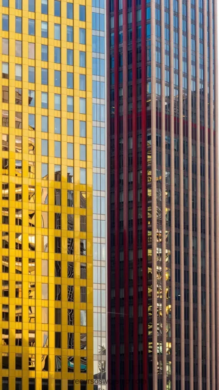 Fachada rascacielos modernos plano detalle vertical ventanas vidrio doradas amarillas azules reflejando entorno urbano franjas verticales rojas marron geometrica arquitectonica corporativa moderna textura