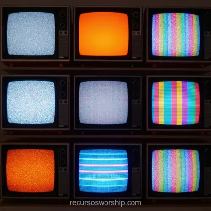 Mosaico cuadrado nueve televisores retro crt cuadricula 3x3 senales estatico blanco barras color azul cian naranja ambiente oscuro iluminacion tenue plano frontal collage broadcast vintage textura