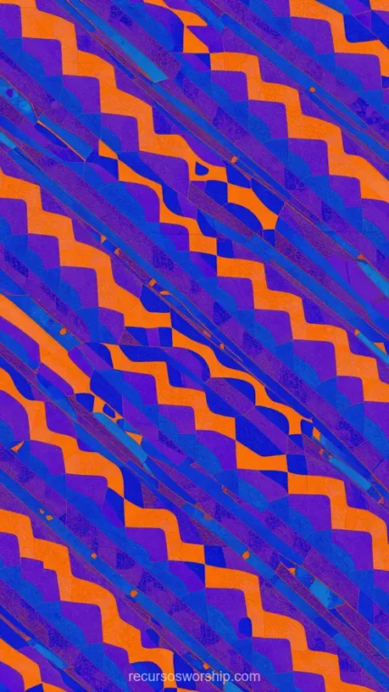 Patron diagonal zigzags formas angulares naranja vibrante azul morado intenso puntos verde rosa vertical alta densidad geometrica pop art saturacion overlay
