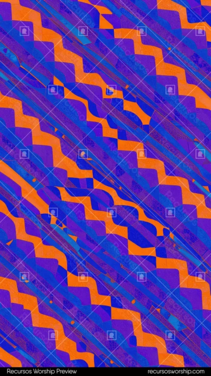 Patron diagonal zigzags formas angulares naranja vibrante azul morado intenso puntos verde rosa vertical alta densidad geometrica pop art saturacion overlay
