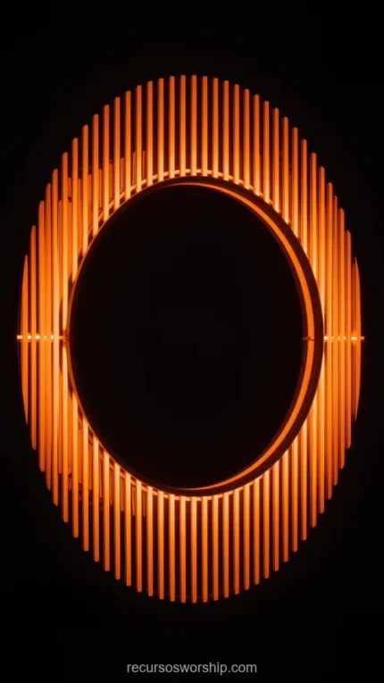 Ovalo elipse barras verticales paralelas naranja neon luminoso fondo negro puro efecto lampara rejilla luminosa vertical centrado minimalista overlay
