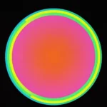 Circulo perfecto gradiente rosa magenta intenso naranja rojo borde cian verde brillante fondo negro vertical centrado vibrante neon planeta overlay