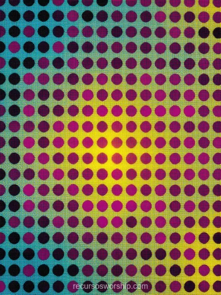Patron semitono halftone cmyk circulos puntos grandes magenta rosa negro fondo degradado cian amarillo efecto optico malla impresion offset vertical pop art alta saturacion textura