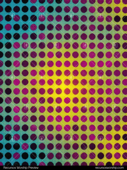 Patron semitono halftone cmyk circulos puntos grandes magenta rosa negro fondo degradado cian amarillo efecto optico malla impresion offset vertical pop art alta saturacion textura