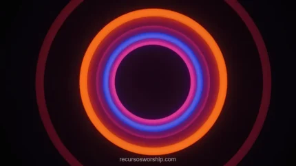 Anillos concentricos luz neon naranja exterior azul violeta interior rosa magenta central fondo negro profundo efecto portal tunel tridimensional horizontal abstracto sintetico synthwave textura