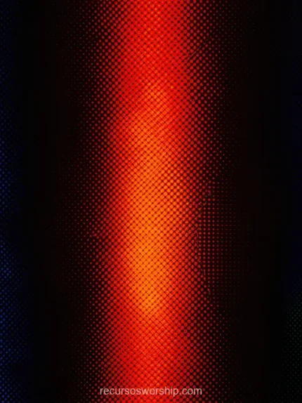 Columna central puntos halftone degradado rojo naranja brillante halo luz calida fondo negro bordes puntos azul oscuro laterales vertical plano frontal dramatico calido energia textura