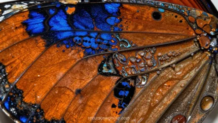 Macro fotografia extrema escamas ala mariposa naranja marron exterior azul metalico iridiscente manchas irregulares interiores venas detalles microscopicos horizontal organico iridiscente natural textura