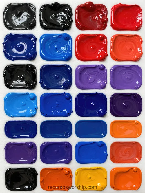 Mosaico Paletas Pintura Óleo Pigmento Denso Negro Azul Real Rojo Carmín Morado Naranja Compartimentos Cenital Mosaico paletas pintura artistica pigmento denso negro azul real profundo rojo carmin morado lila naranja compartimentos rectangulares huellas espatula oleo espeso vertical cenital artista textura