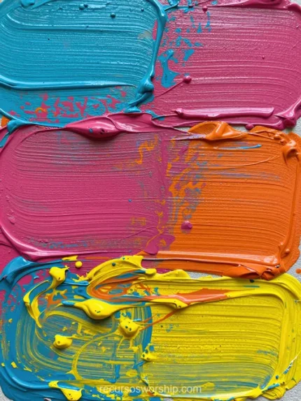 Capas horizontales pintura acrílica gestual azul cian rosa magenta naranja amarillo tela mezclas bordes gotas vertical expresionista vibrante artístico colorido textura fondo