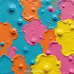 Manchas organicas pintura acrílica espesa azul cian naranja rosa magenta amarillo formas irregulares burbujas pigmento cuadrado frontal artistico saturado vibrante multicolor textura fondo