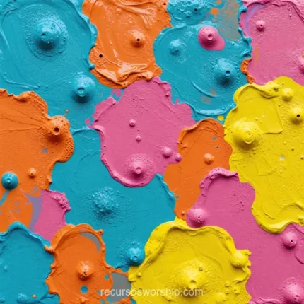Manchas organicas pintura acrílica espesa azul cian naranja rosa magenta amarillo formas irregulares burbujas pigmento cuadrado frontal artistico saturado vibrante multicolor textura fondo