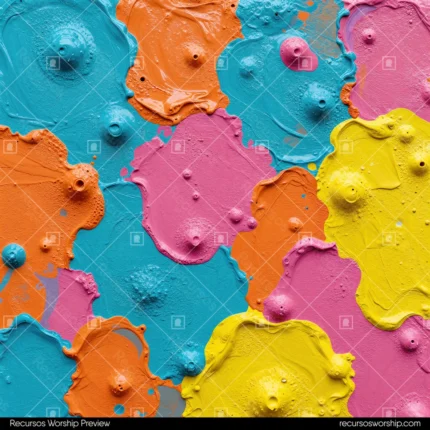 Manchas organicas pintura acrílica espesa azul cian naranja rosa magenta amarillo formas irregulares burbujas pigmento cuadrado frontal artistico saturado vibrante multicolor textura fondo