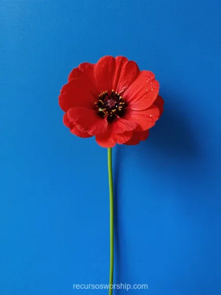 Flor amapola cosmos roja petelos rojo intenso centro negro morado fondo azul cobalto liso brillante tallo verde fino vertical americano editorial contraste complementario vibrante textura floral