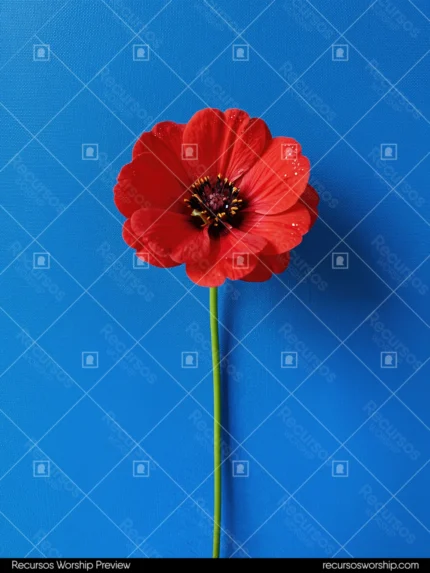 Flor amapola cosmos roja petelos rojo intenso centro negro morado fondo azul cobalto liso brillante tallo verde fino vertical americano editorial contraste complementario vibrante textura floral