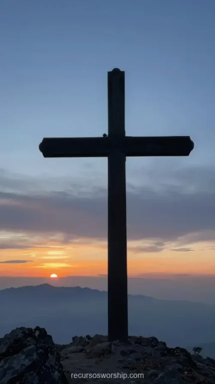 Cruz madera grande silueta oscura cima roca montanosa atardecer sol descendiendo montanas brumosas cielo azul gris degradado vertical contraluz solemne contemplativo viernes santo