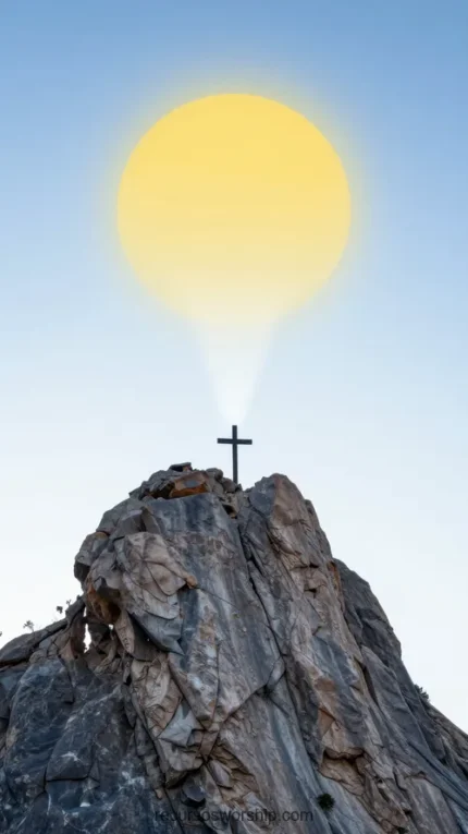 Cruz pequeña cima roca montañosa escarpada gran sol dorado brillante exactamente detras irradiando luz arriba cielo azul claro degradado vertical formato movil espectacular