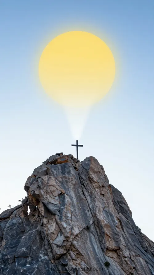 Cruz en Cima de Roca Montañosa con Gran Sol Dorado Irradiando Cielo Azul Vertical Cruz pequeña cima roca montañosa escarpada gran sol dorado brillante exactamente detras irradiando luz arriba cielo azul claro degradado vertical formato movil espectacular