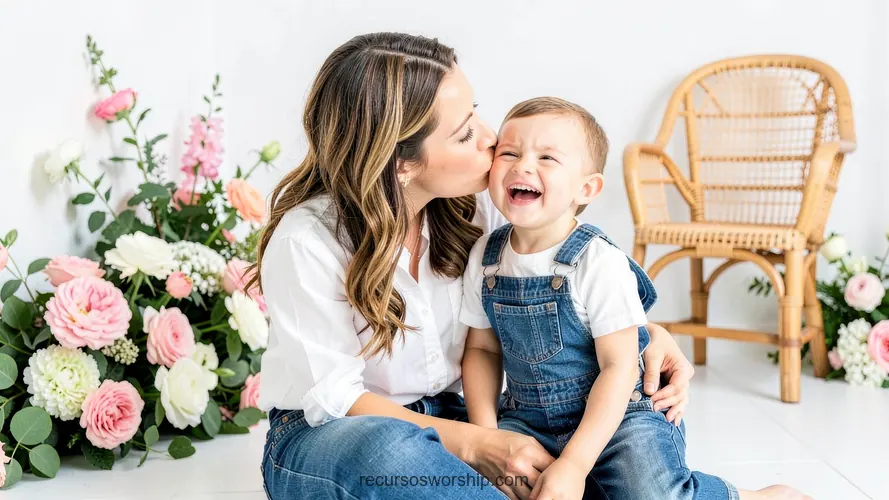 Madre Morena Besando Bebé que Ríe a Carcajadas Estudio Blanco Floral Primaveral Madre morena cabello largo besando mejilla bebe varon riendo carcajadas estudio blanco luminoso flores rosas blancas silla ratan horizontal festivo