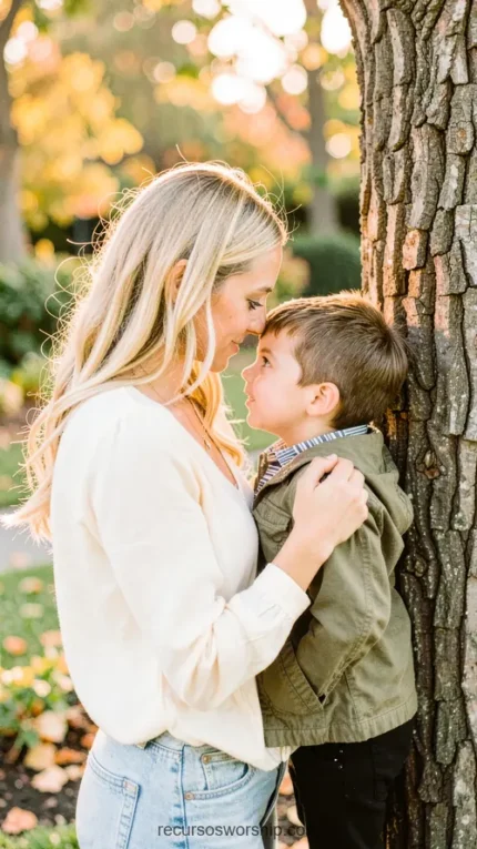 Madre joven rubia e hijo niño frente a frente nariz a nariz junto a tronco arbol exterior follaje otoñal verde dorado sonriendo ternura vertical plano medio