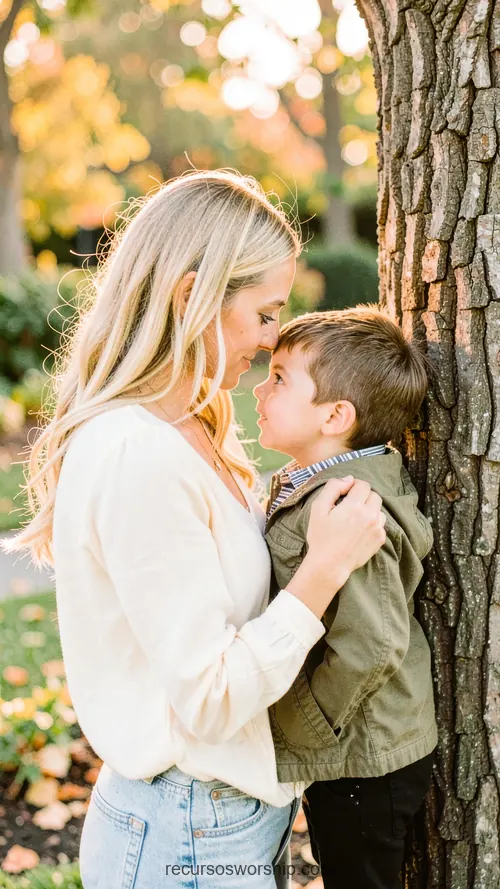 Madre Rubia e Hijo Nariz a Nariz Junto a Árbol Exterior Otoñal Cándido Madre joven rubia e hijo niño frente a frente nariz a nariz junto a tronco arbol exterior follaje otoñal verde dorado sonriendo ternura vertical plano medio