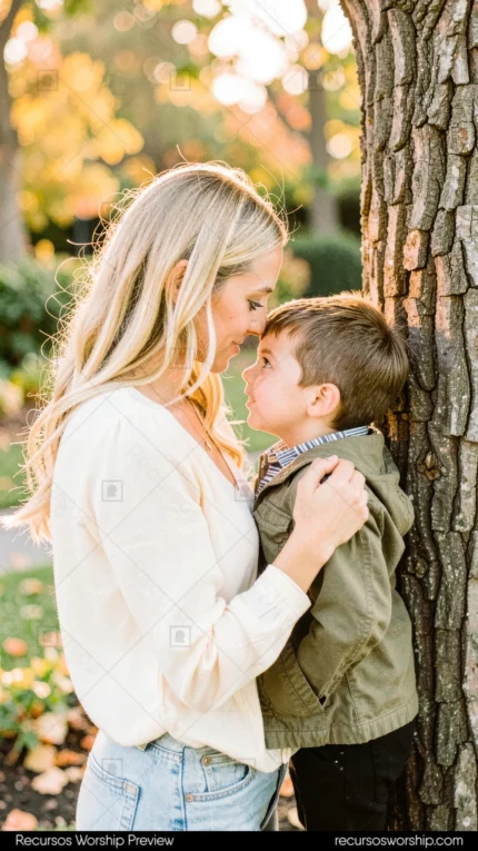 Madre joven rubia e hijo niño frente a frente nariz a nariz junto a tronco arbol exterior follaje otoñal verde dorado sonriendo ternura vertical plano medio