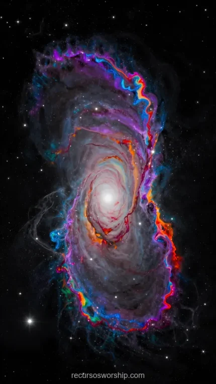 Galaxia espiral fotorrealista nucleo blanco brillante brazos arcoiris azul morado rojo naranja verde fondo negro estrellas vertical cosmos multicolor espectral espectacular textura vibrante