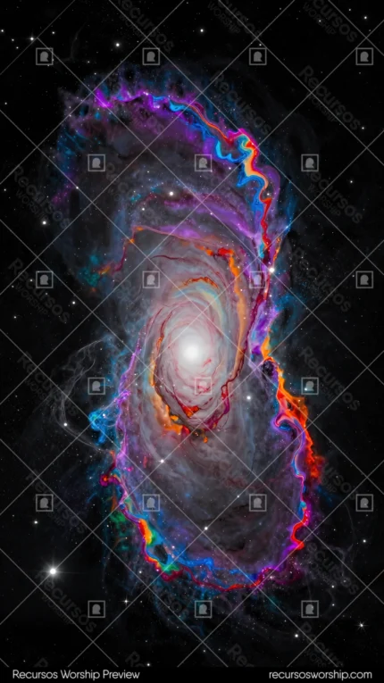 Galaxia espiral fotorrealista nucleo blanco brillante brazos arcoiris azul morado rojo naranja verde fondo negro estrellas vertical cosmos multicolor espectral espectacular textura vibrante