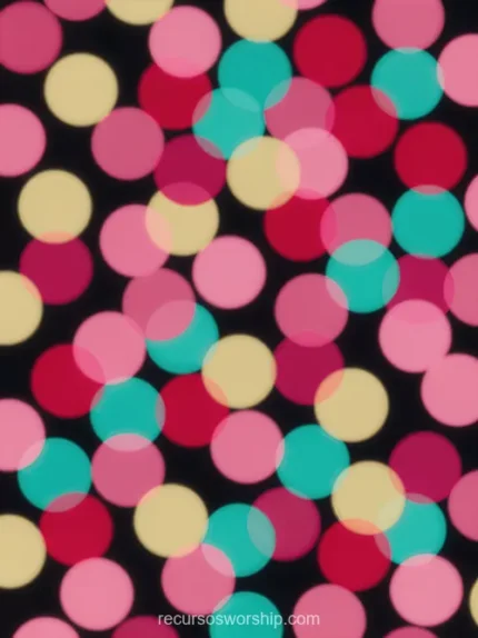 Patron circulos desenfocados bokeh rosa magenta cian verde amarillo rojo fondo negro puntos luz circular distinto tamano superpuestos vertical festivo vibrante confeti celebracion textura