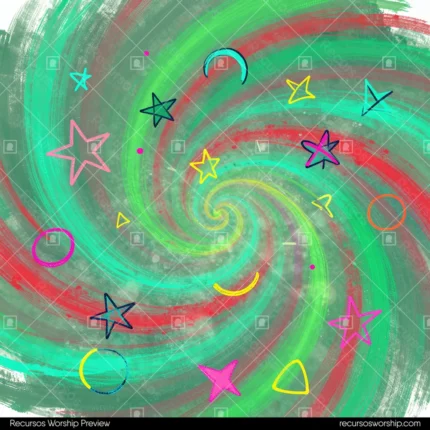 Ilustracion espiral pinceladas verde rojo fondo gris estrellas lunas triangulos circulos rosa amarillo azul verde dispersos cuadrado whimsical caótico doodle festivo multicolor textura creativa
