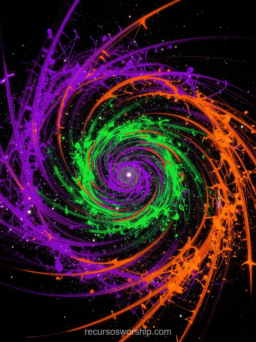 Espiral Galáctica Trazos Pintura Digital Verde Neón Morado Violeta Naranja Partículas Negro Vertical Cósmico Espiral galactica trazos pintura digital verde neon morado violeta naranja salpicaduras particulas luminosas fondo negro profundo vertical cosmico espectral caotico multicolor textura