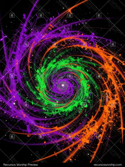 Espiral galactica trazos pintura digital verde neon morado violeta naranja salpicaduras particulas luminosas fondo negro profundo vertical cosmico espectral caotico multicolor textura